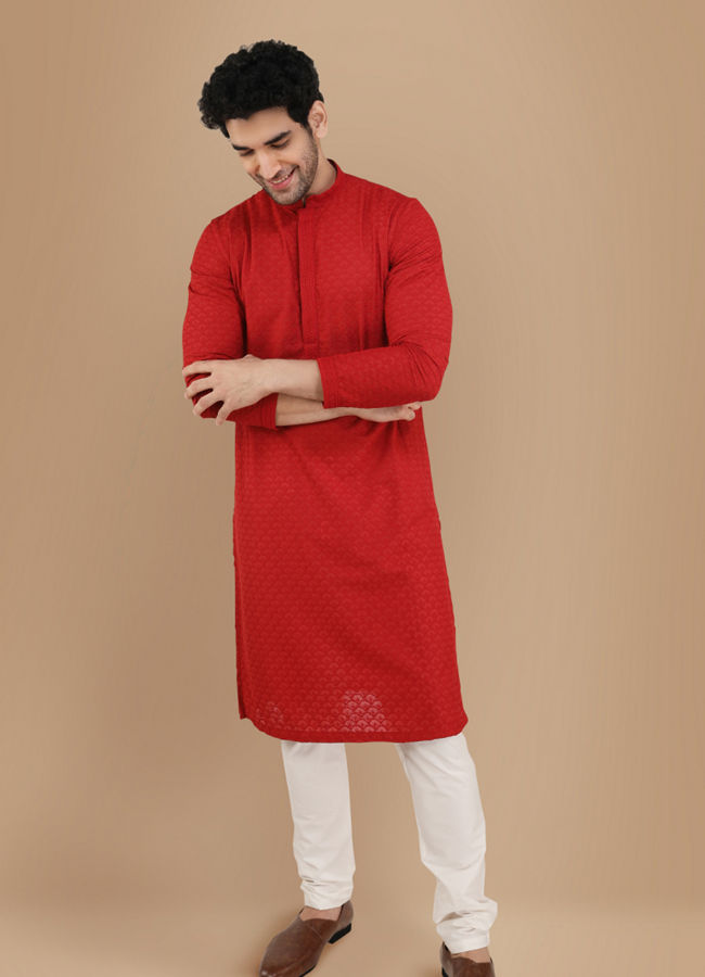 Red Chikankari Kurta Set image number 1